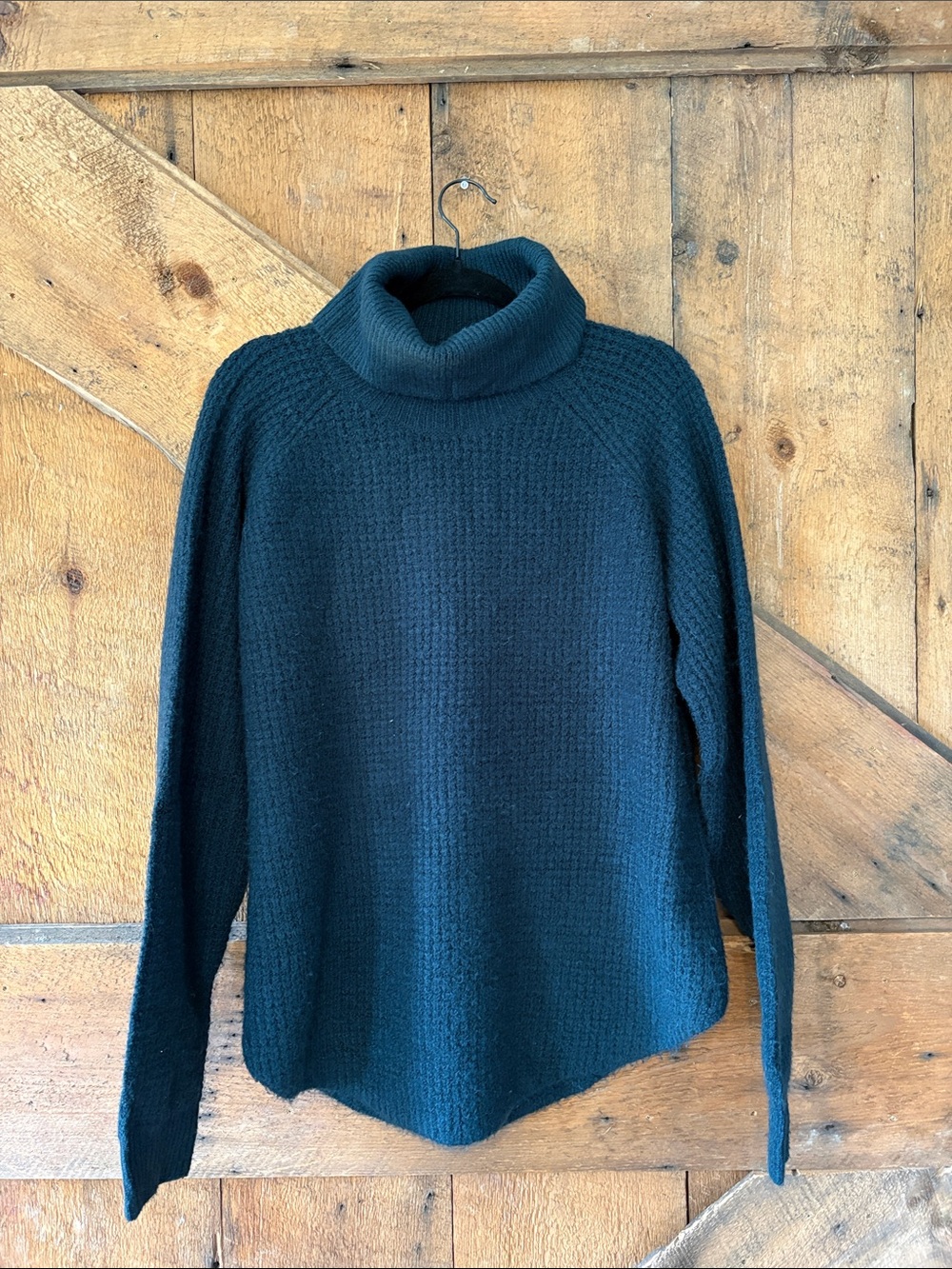 Kuhl Womens XL Dark Teal Knit Cowl‎ Neck Sweater Waffle Texture Curved Hem
